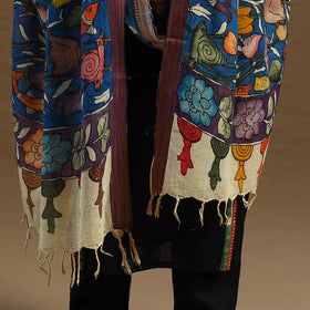 Blue Pen Work Chanderi Silk Handpainted Kalamkari Dupatta