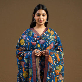 Blue Pen Work Chanderi Silk Handpainted Kalamkari Dupatta