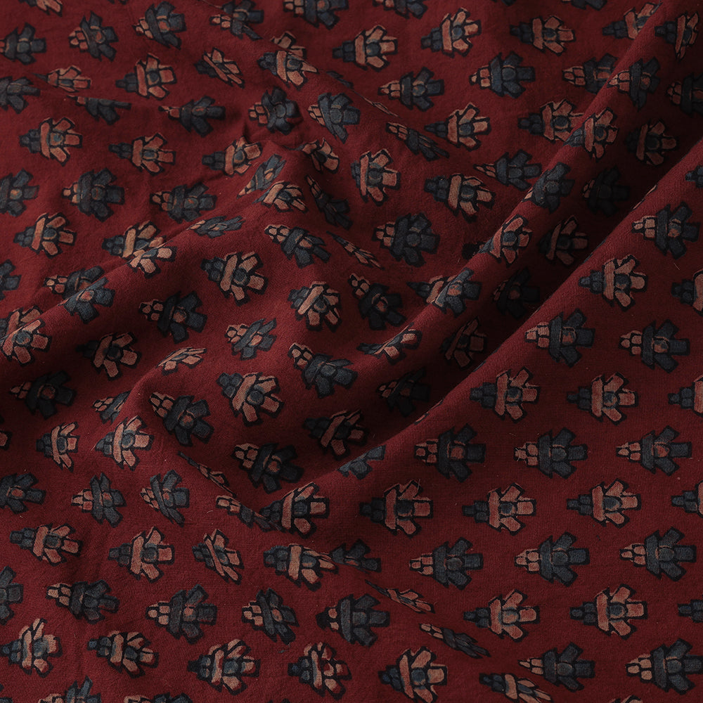 Red - Marron with Tinny Buti Block Print Cotton Ajrakh Fabric