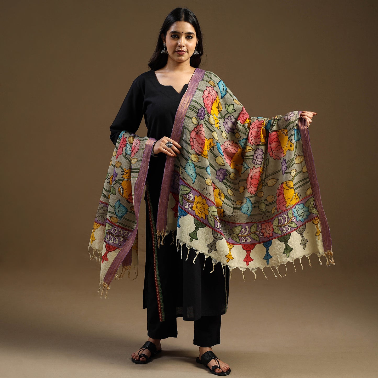 Grey Pen Work Chanderi Silk Handpainted Kalamkari Dupatta