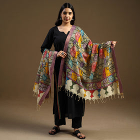 Grey Pen Work Chanderi Silk Handpainted Kalamkari Dupatta