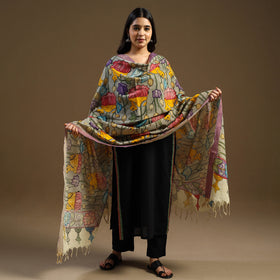 Grey Pen Work Chanderi Silk Handpainted Kalamkari Dupatta