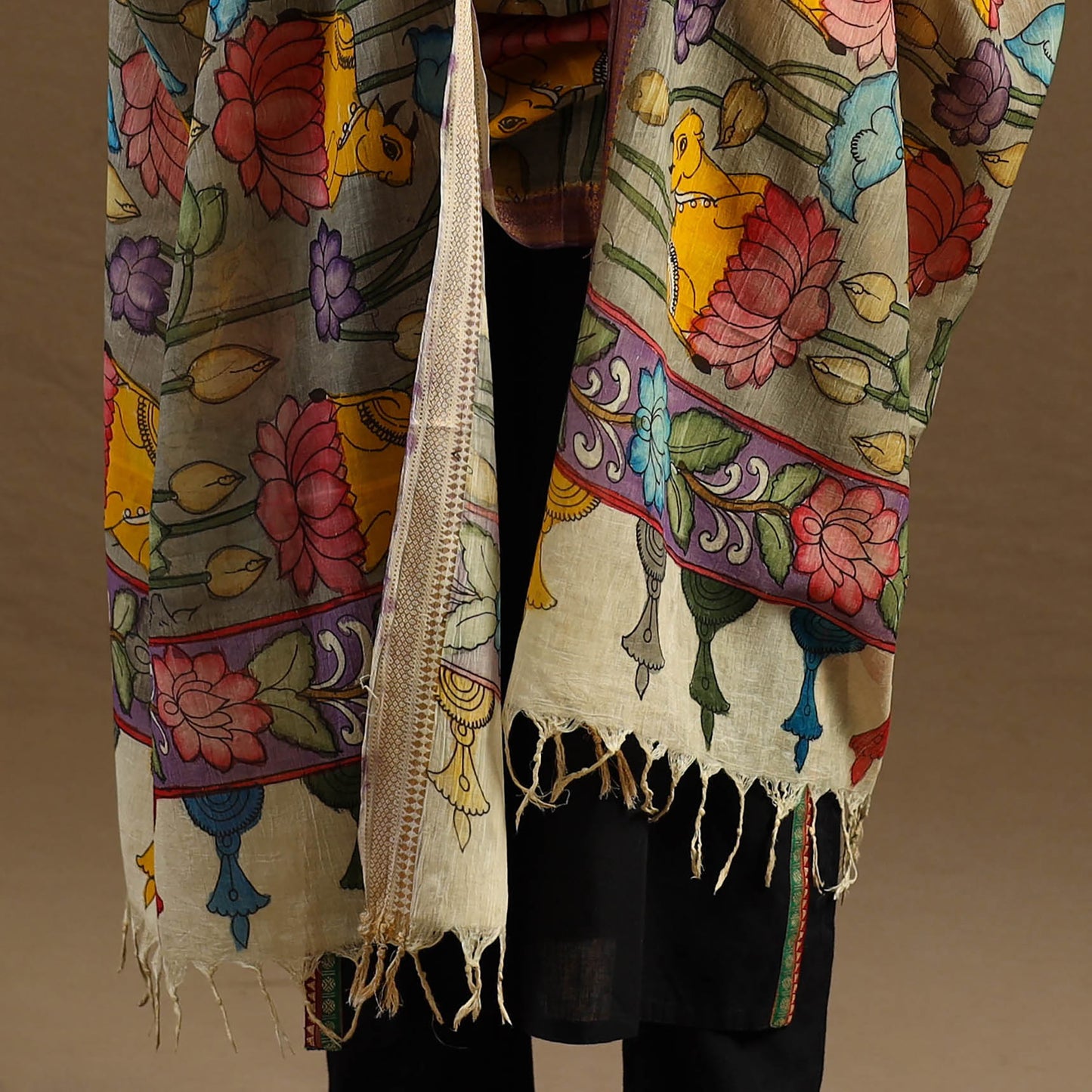 Grey Pen Work Chanderi Silk Handpainted Kalamkari Dupatta