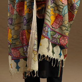 Grey Pen Work Chanderi Silk Handpainted Kalamkari Dupatta