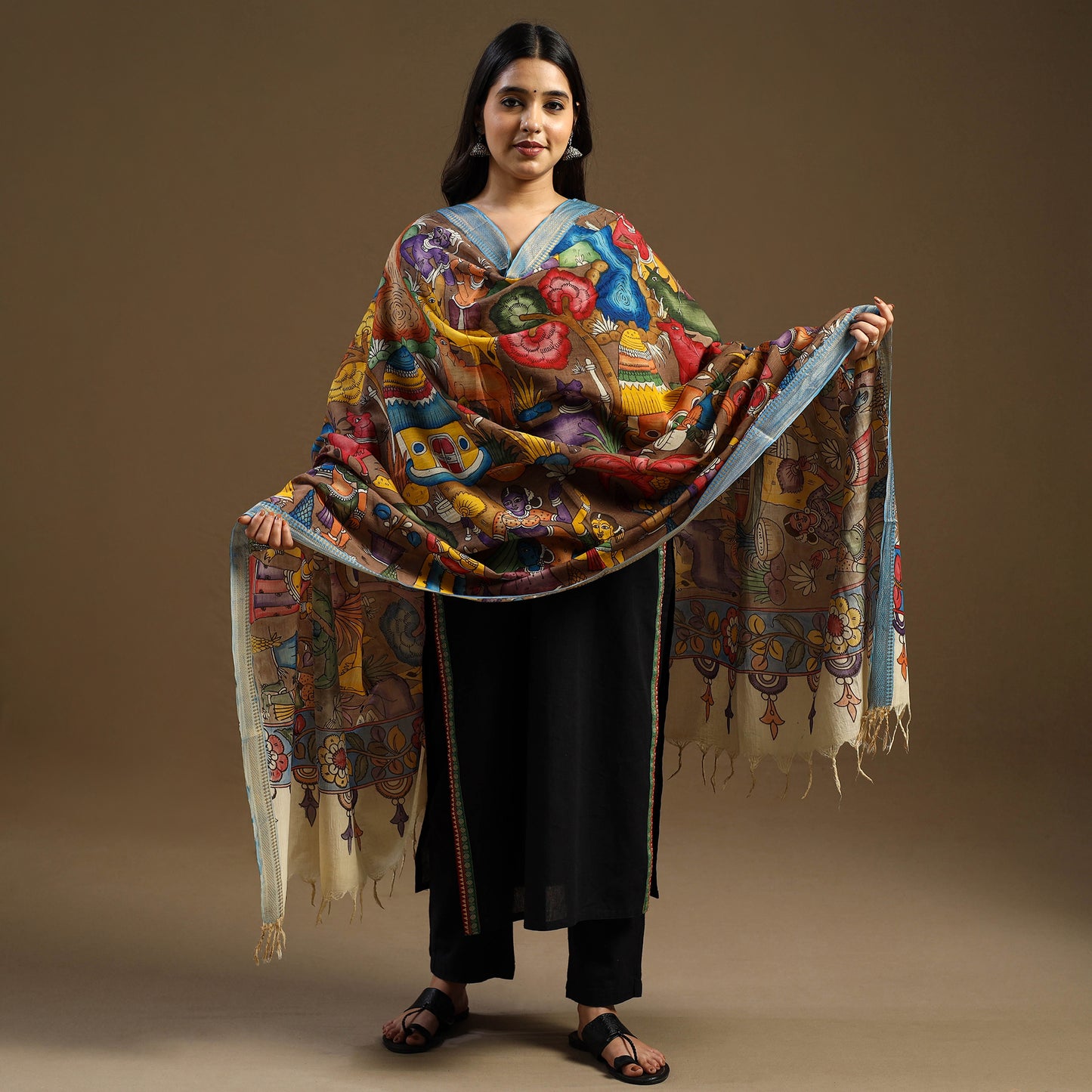 Pen Work Chanderi Silk Handpainted Kalamkari Dupatta