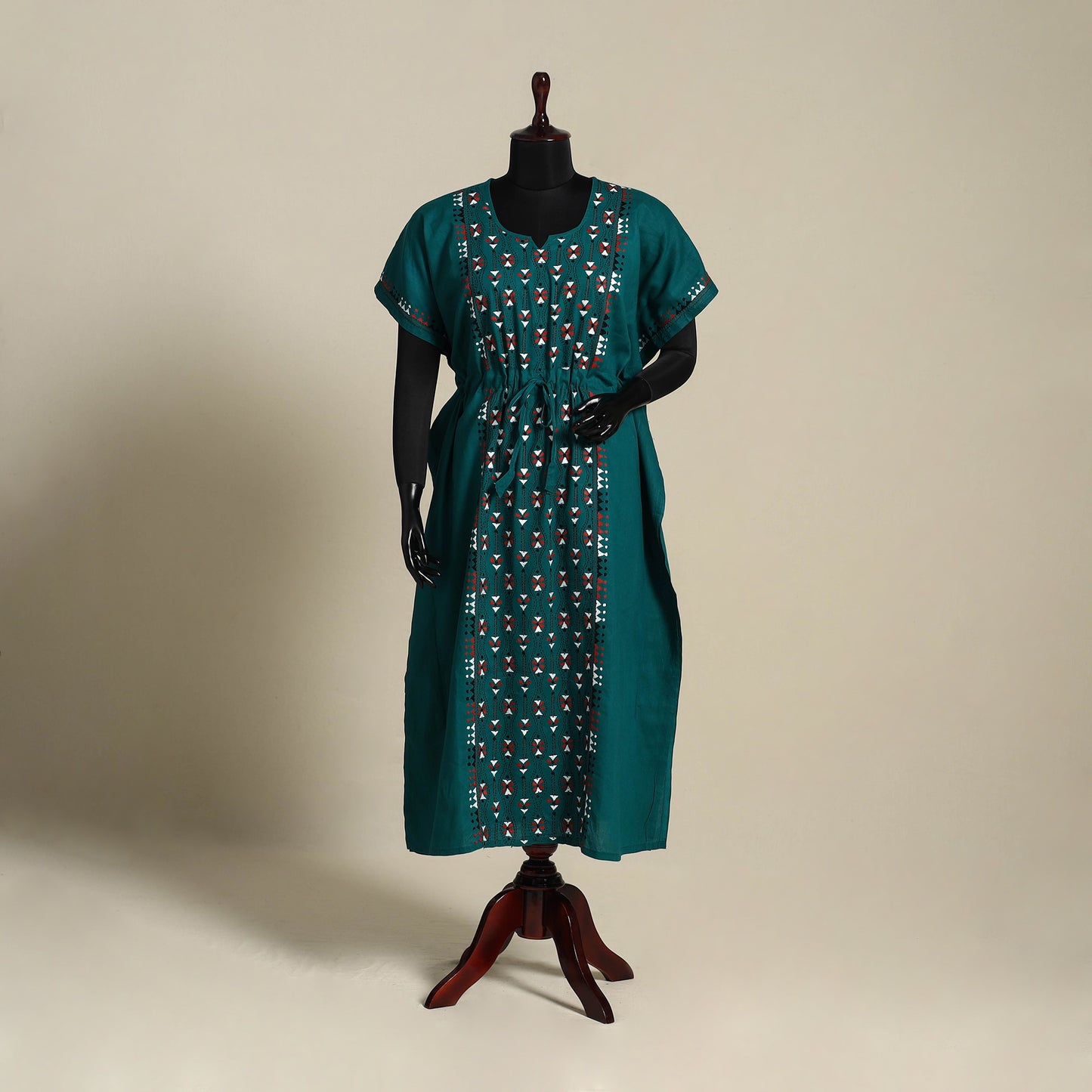 Green Bengal Kantha Hand Embroidery Cotton Kaftan (Long) 