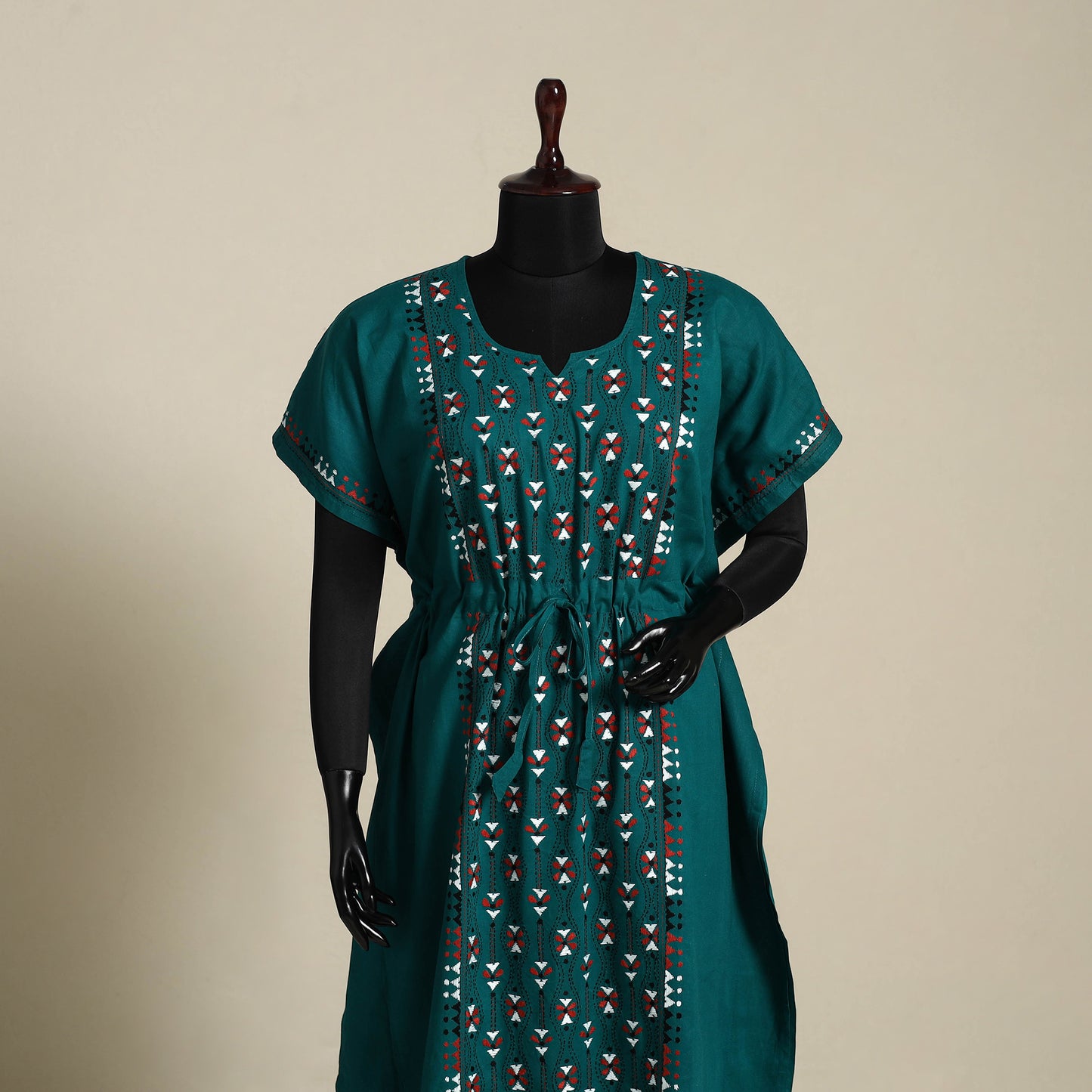 Green Bengal Kantha Hand Embroidery Cotton Kaftan (Long) 