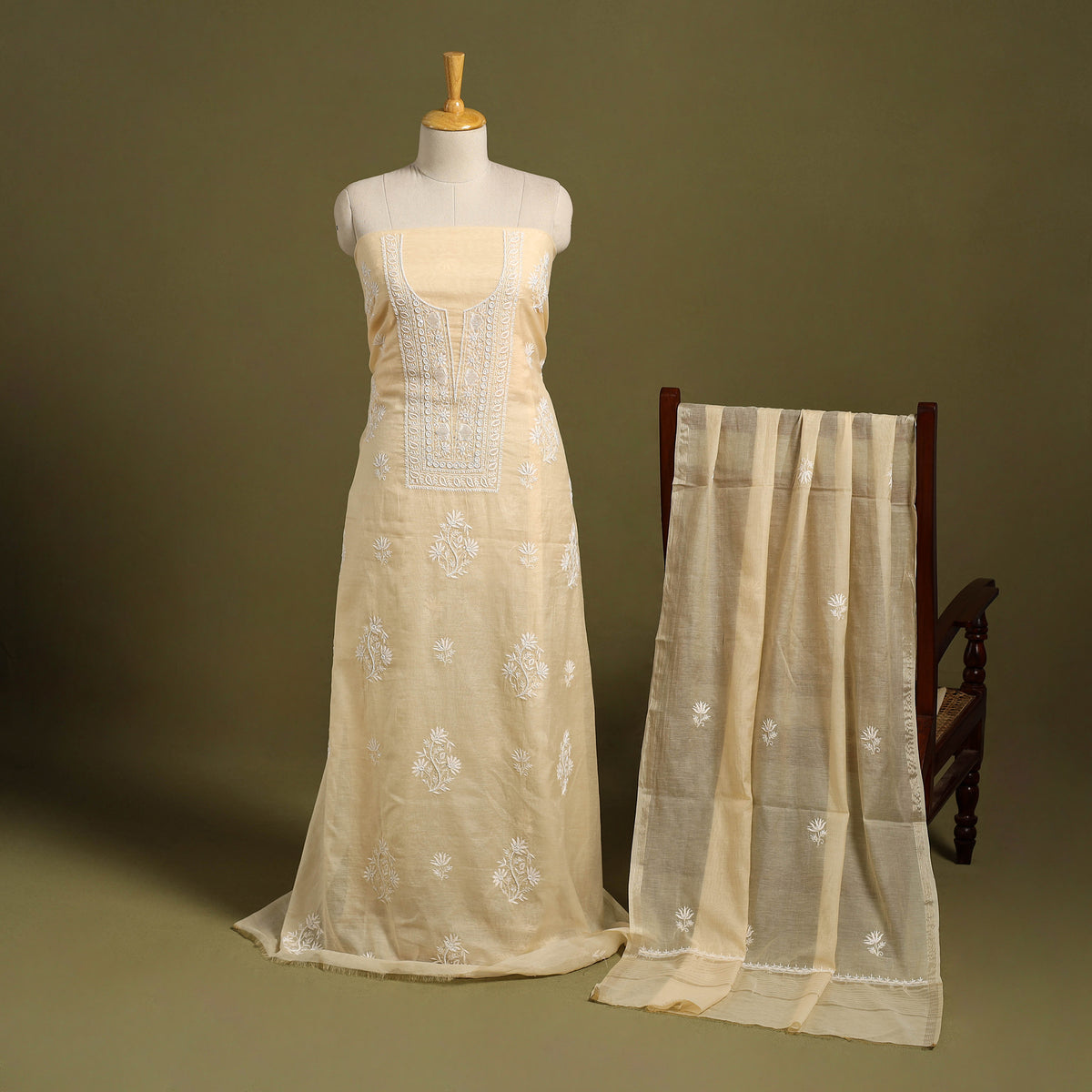 Buy 3pc Beige Mul Chanderi Heavy Chikankari Dress Material