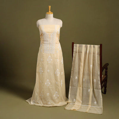 Buy 3pc Beige Mul Chanderi Heavy Chikankari Dress Material