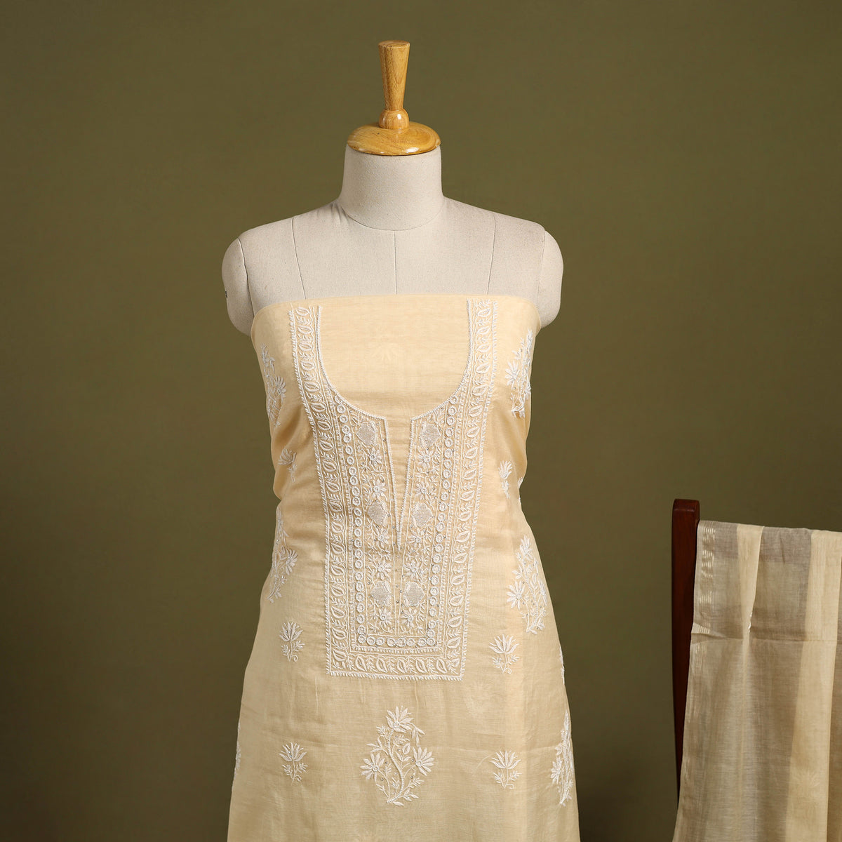 Buy 3pc Beige Mul Chanderi Heavy Chikankari Dress Material