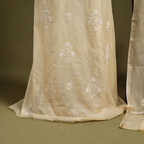 Buy 3pc Beige Mul Chanderi Heavy Chikankari Dress Material