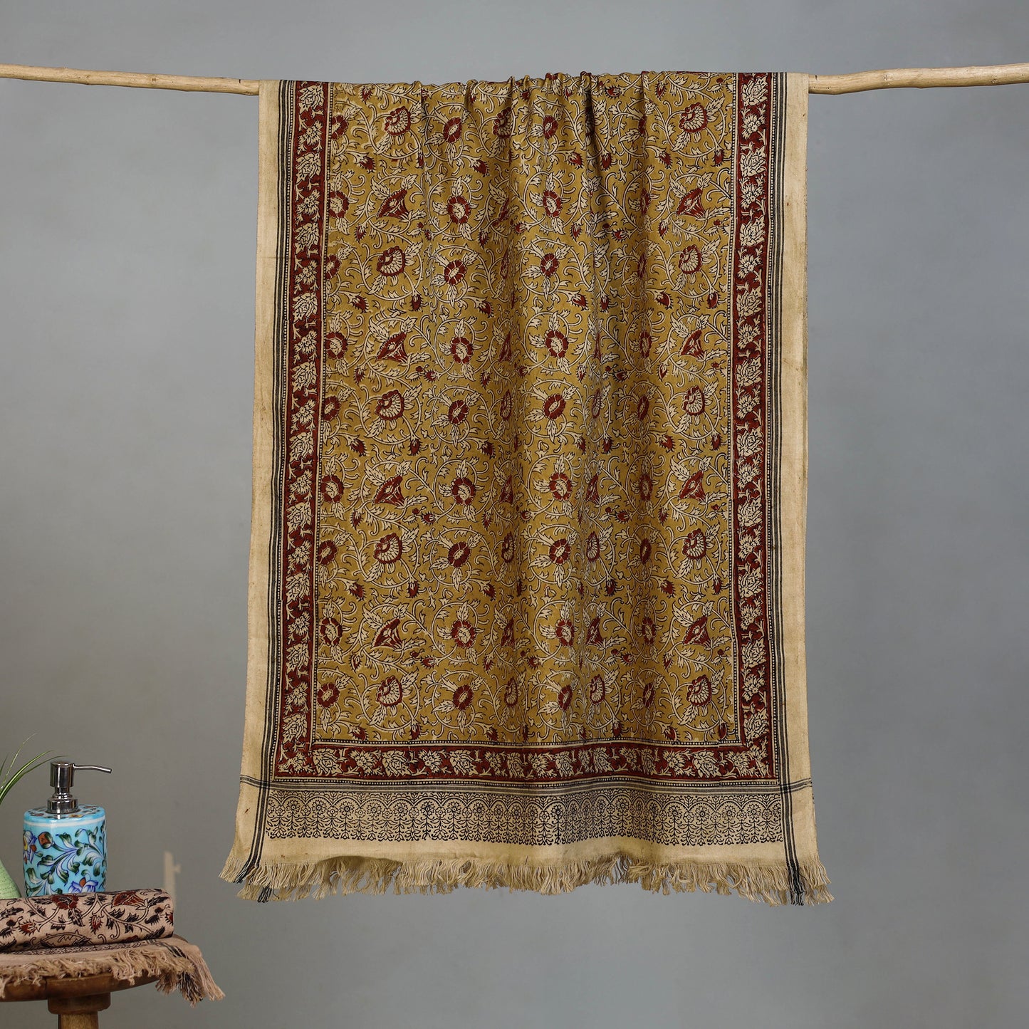 Yellow - Handloom Cotton Natural Dyed Block Print Pedana Kalamkari Towel 02