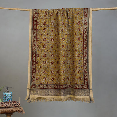 Yellow - Handloom Cotton Natural Dyed Block Print Pedana Kalamkari Towel 02