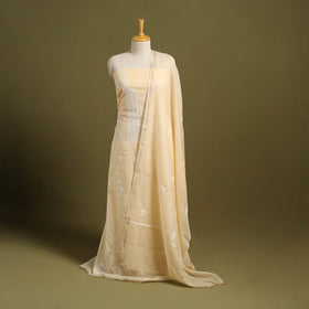 Buy 3pc Beige Mul Chanderi Heavy Chikankari Dress Material