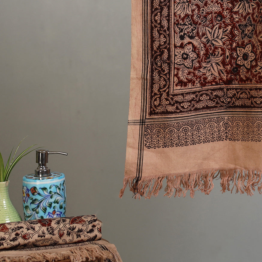 Brown - Handloom Cotton Natural Dyed Block Print Pedana Kalamkari Towel 03
