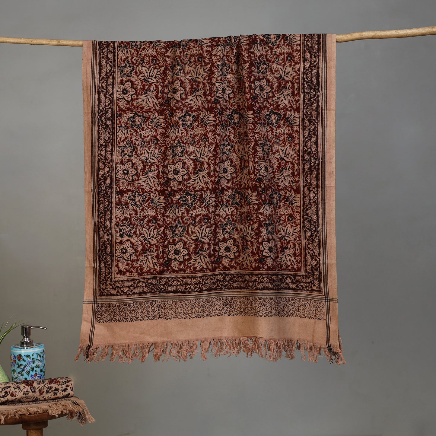 Brown - Handloom Cotton Natural Dyed Block Print Pedana Kalamkari Towel 03
