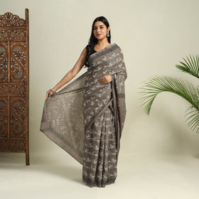 Buy Grey Bindaas Art Natural Dyed Cotton Block Print Saree