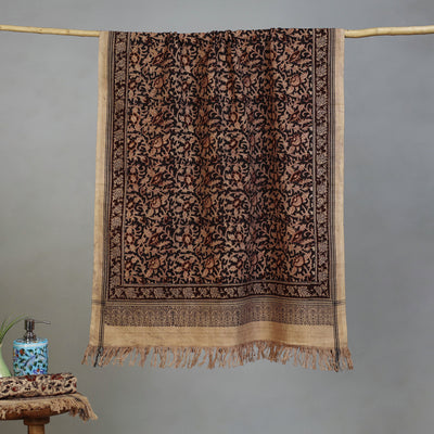 Brown - Handloom Cotton Natural Dyed Block Print Pedana Kalamkari Towel 04