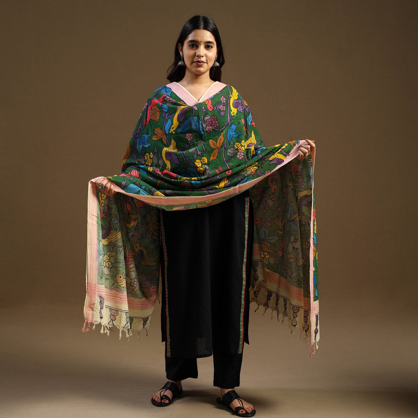 Pen Work Mangalagiri Cotton Handpainted Kalamkari Dupatta