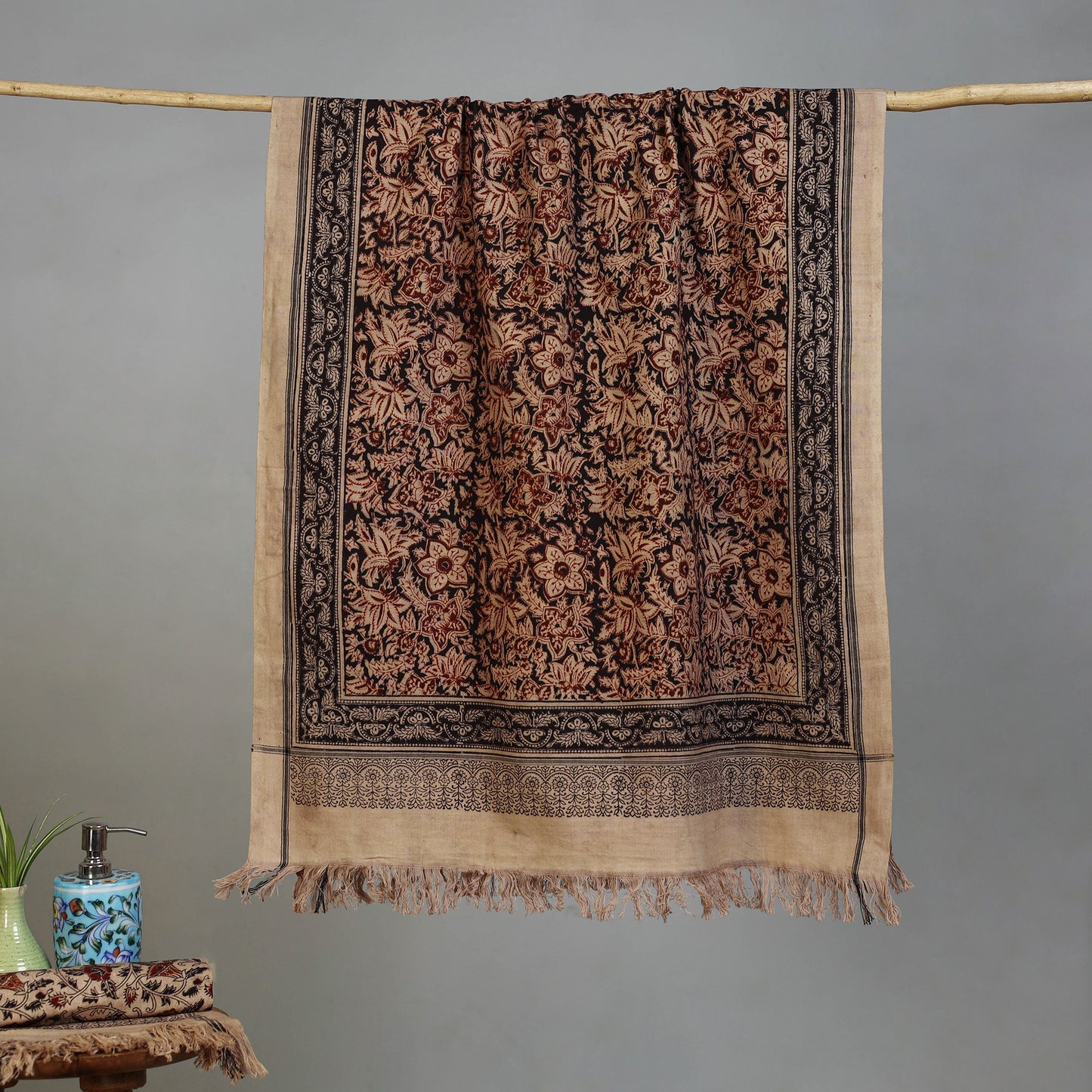 Brown - Handloom Cotton Natural Dyed Block Print Pedana Kalamkari Towel 05