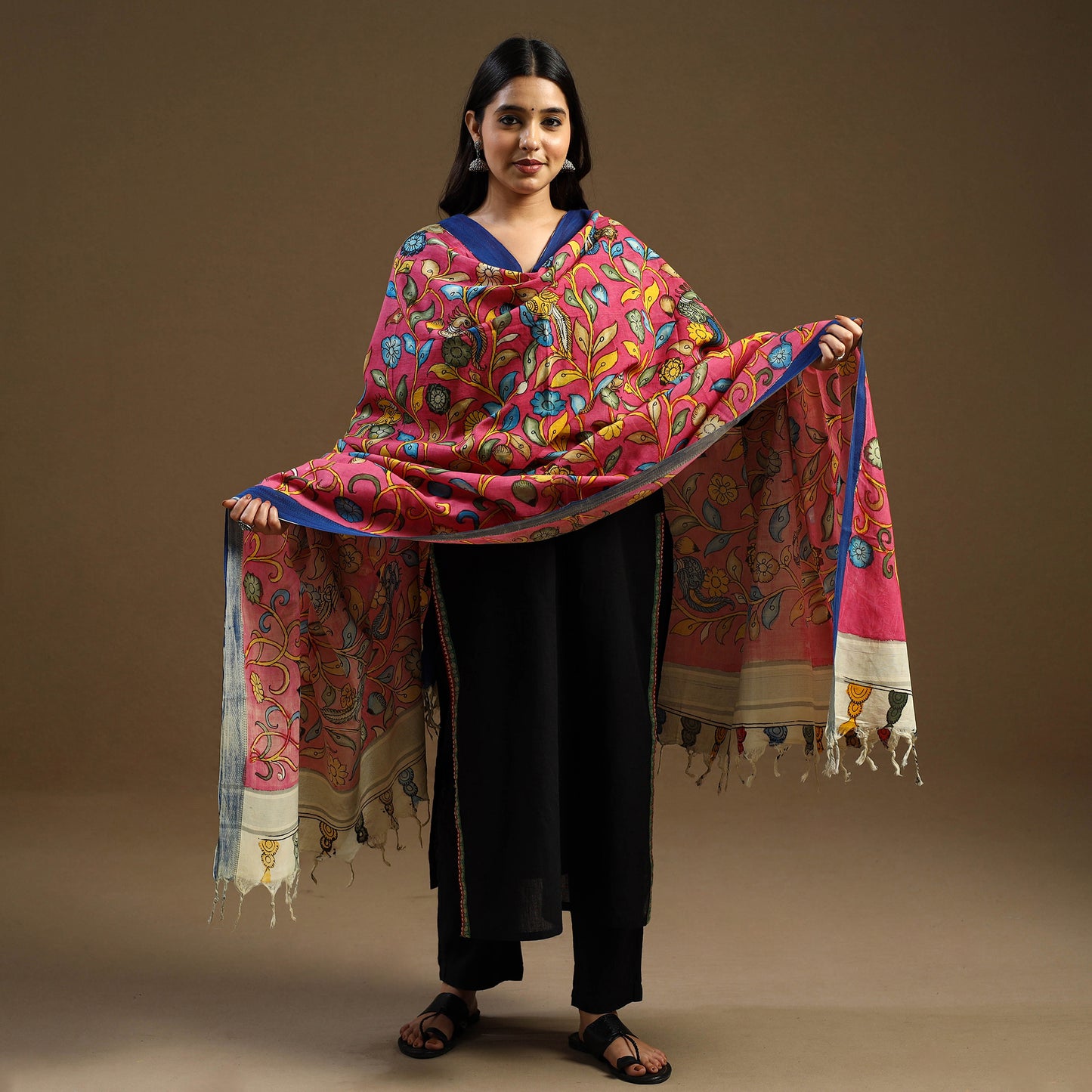 Pen Work Mangalagiri Cotton Handpainted Kalamkari Dupatta