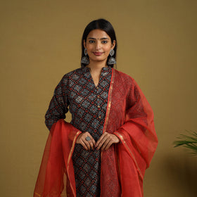 Buy Block Print Cotton Ajrakh Kurta Set with Dupatta 
