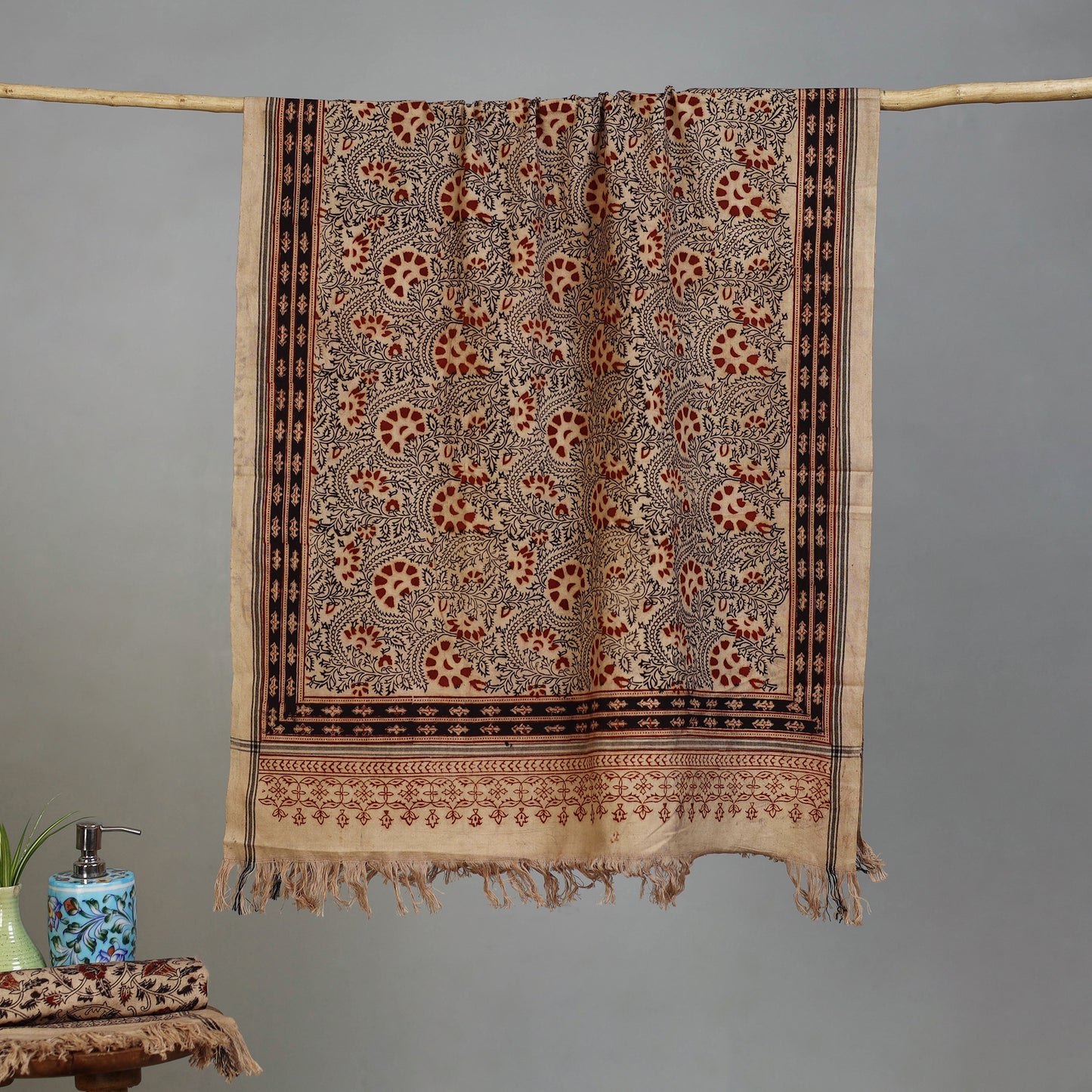 Brown - Handloom Cotton Natural Dyed Block Print Pedana Kalamkari Towel 06