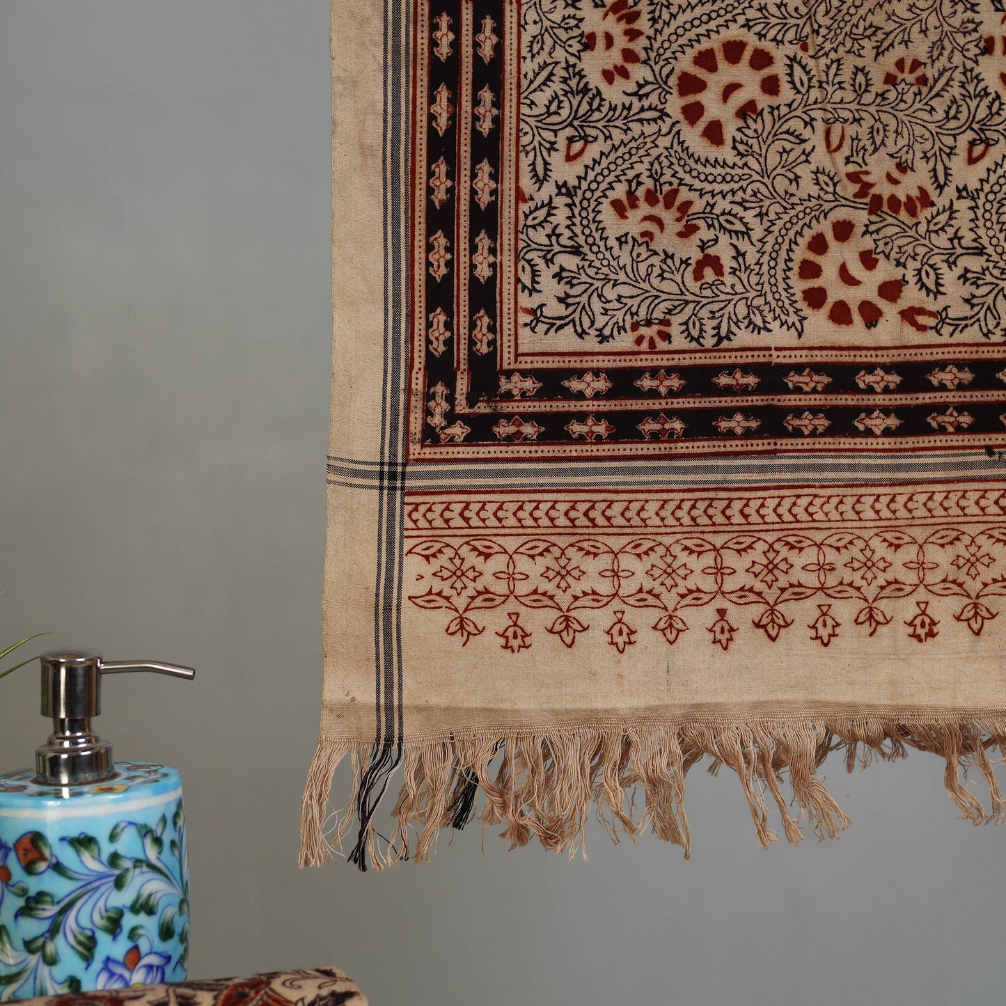 Brown - Handloom Cotton Natural Dyed Block Print Pedana Kalamkari Towel 06