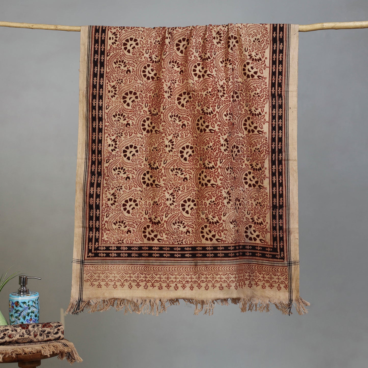 Beige - Handloom Cotton Natural Dyed Block Print Pedana Kalamkari Towel 07