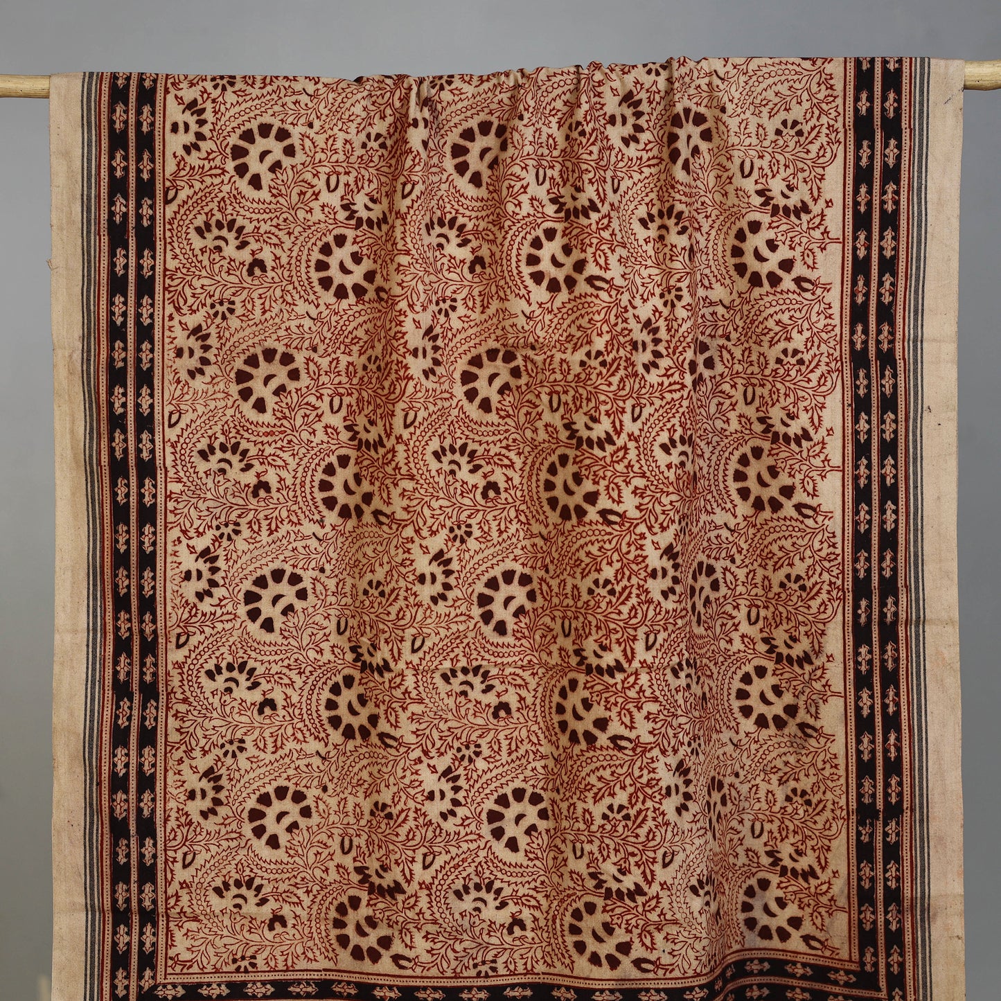 Beige - Handloom Cotton Natural Dyed Block Print Pedana Kalamkari Towel 07