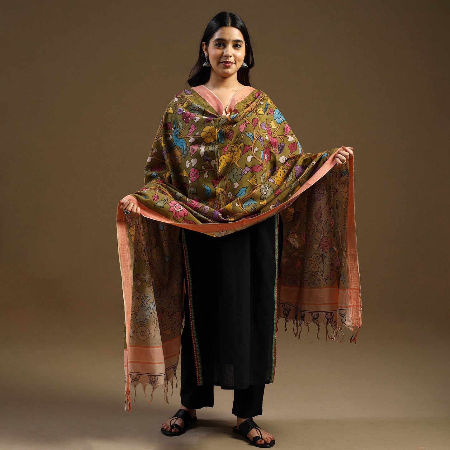 Pen Work Mangalagiri Cotton Handpainted Kalamkari Dupatta