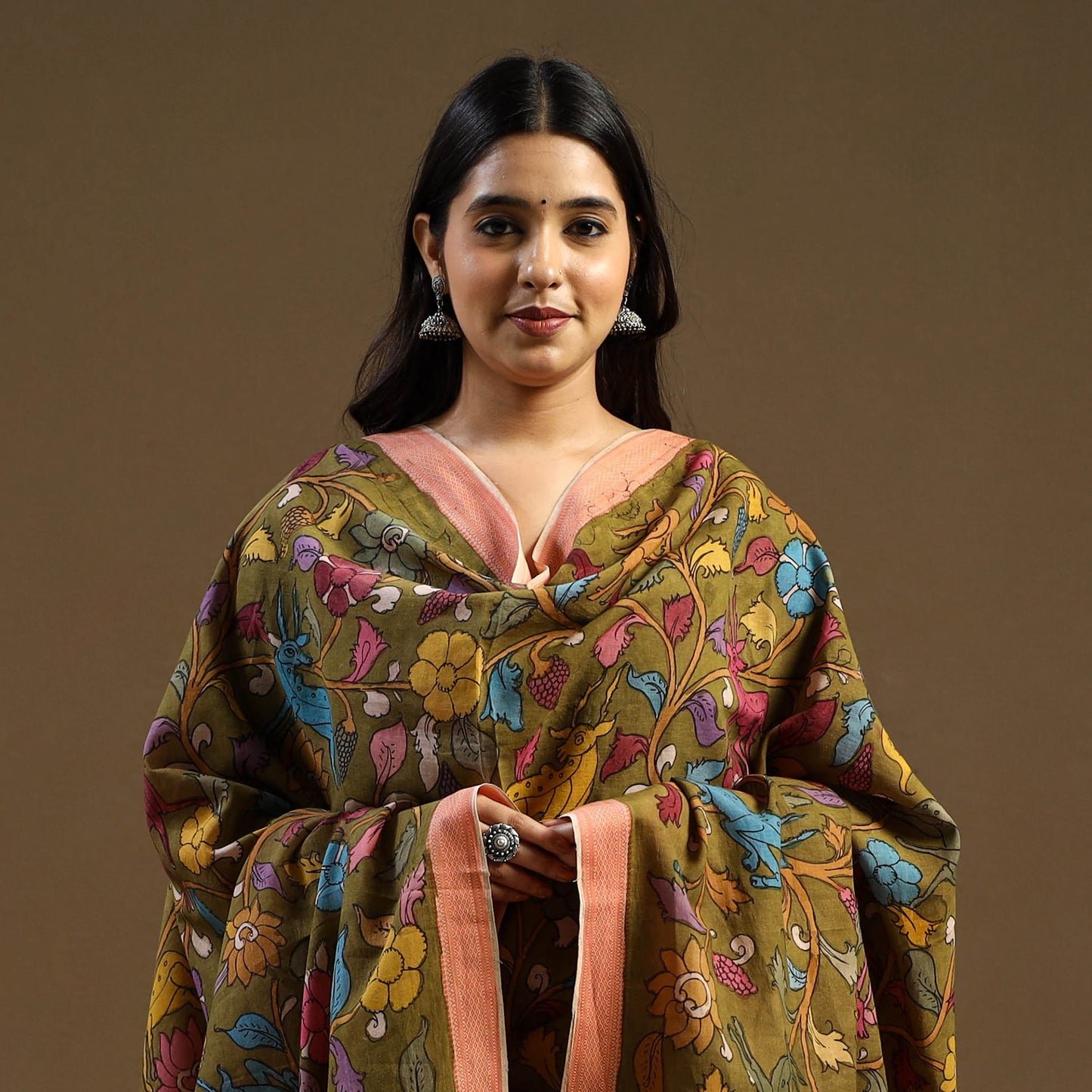 Pen Work Mangalagiri Cotton Handpainted Kalamkari Dupatta