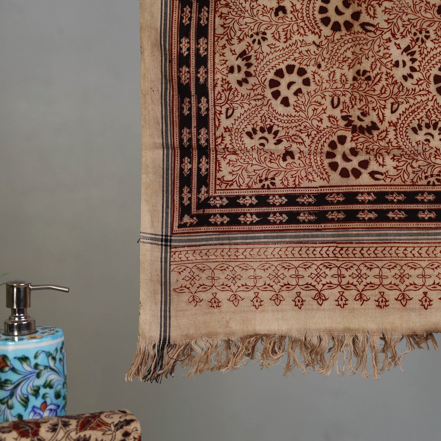 Beige - Handloom Cotton Natural Dyed Block Print Pedana Kalamkari Towel 07