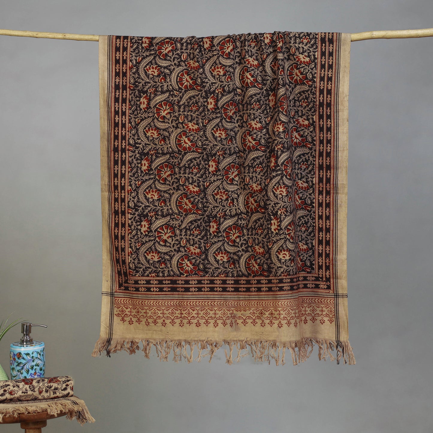 Beige - Handloom Cotton Natural Dyed Block Print Pedana Kalamkari Towel 08