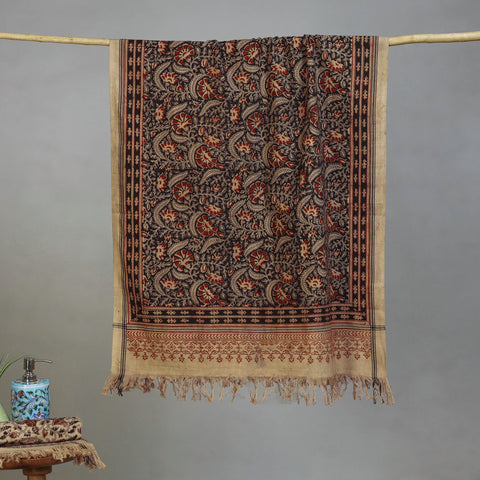 Beige - Handloom Cotton Natural Dyed Block Print Pedana Kalamkari Towel 08