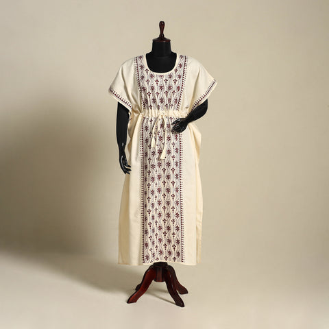 Beige Bengal Kantha Hand Embroidery Cotton Kaftan (Long) 