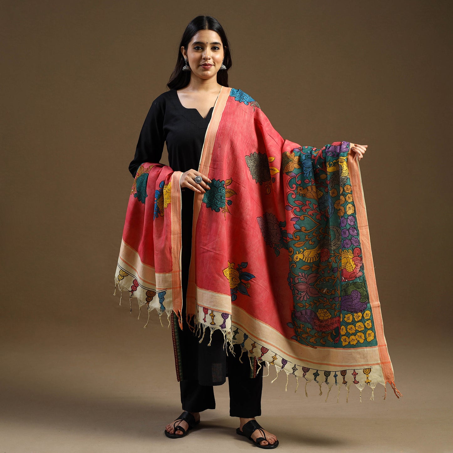 Red Pen Work Mangalagiri Cotton Handpainted Kalamkari Dupatta