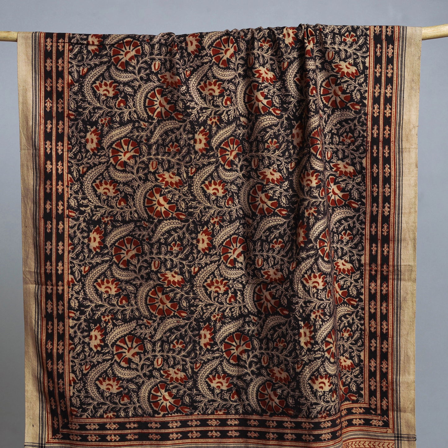 Beige - Handloom Cotton Natural Dyed Block Print Pedana Kalamkari Towel 08