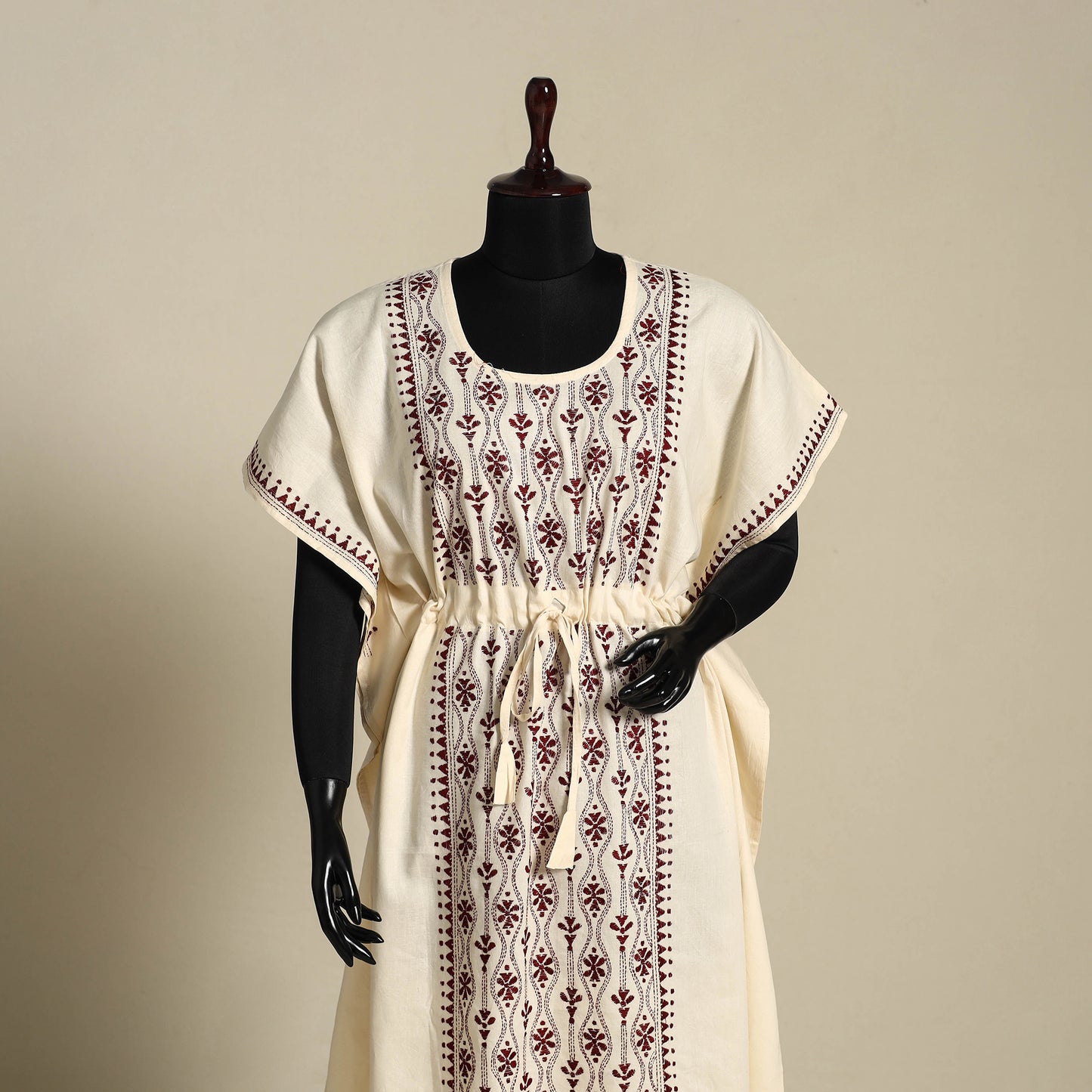 Beige Bengal Kantha Hand Embroidery Cotton Kaftan (Long) 