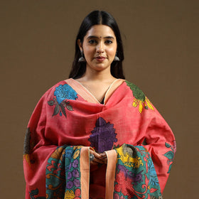 Red Pen Work Mangalagiri Cotton Handpainted Kalamkari Dupatta