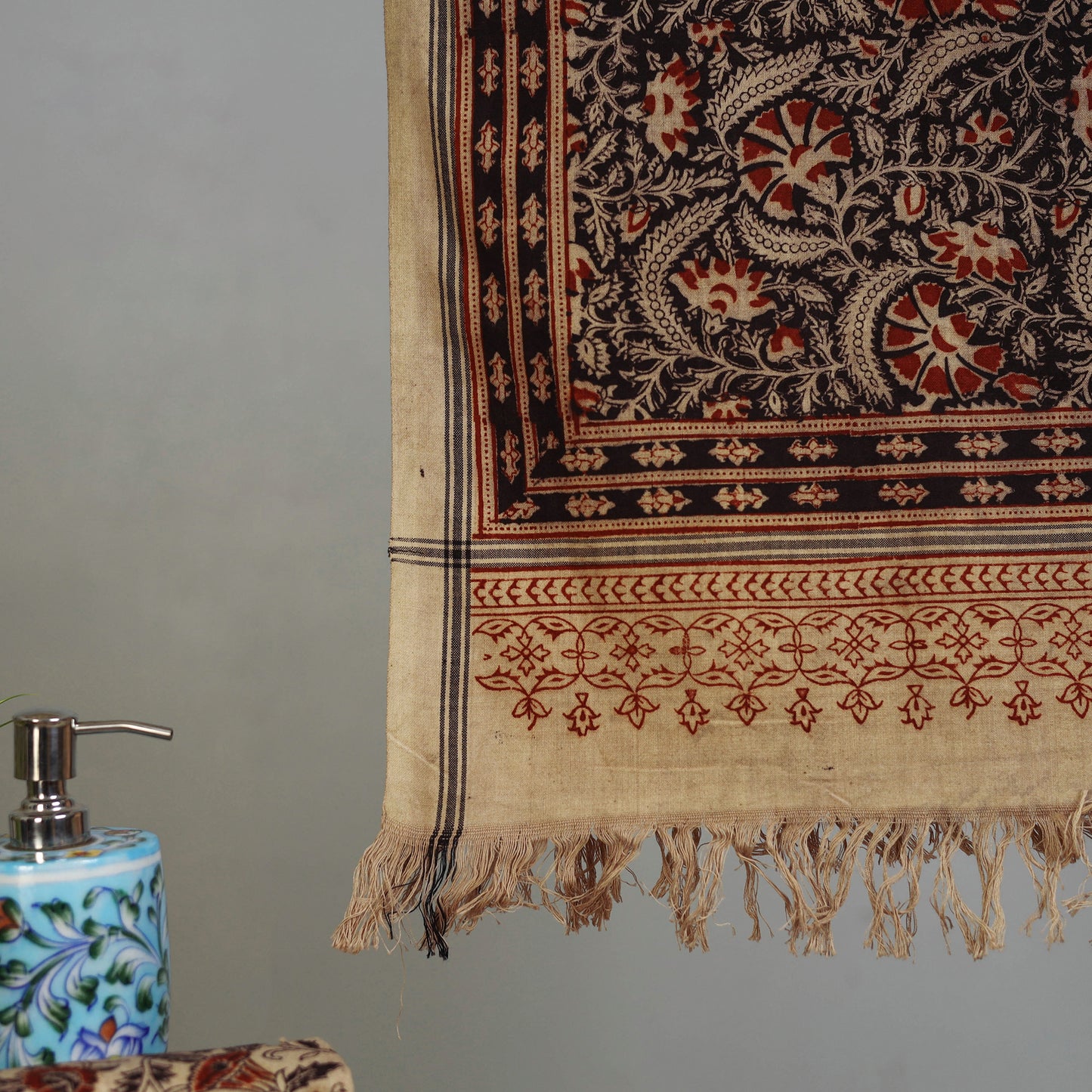 Beige - Handloom Cotton Natural Dyed Block Print Pedana Kalamkari Towel 08