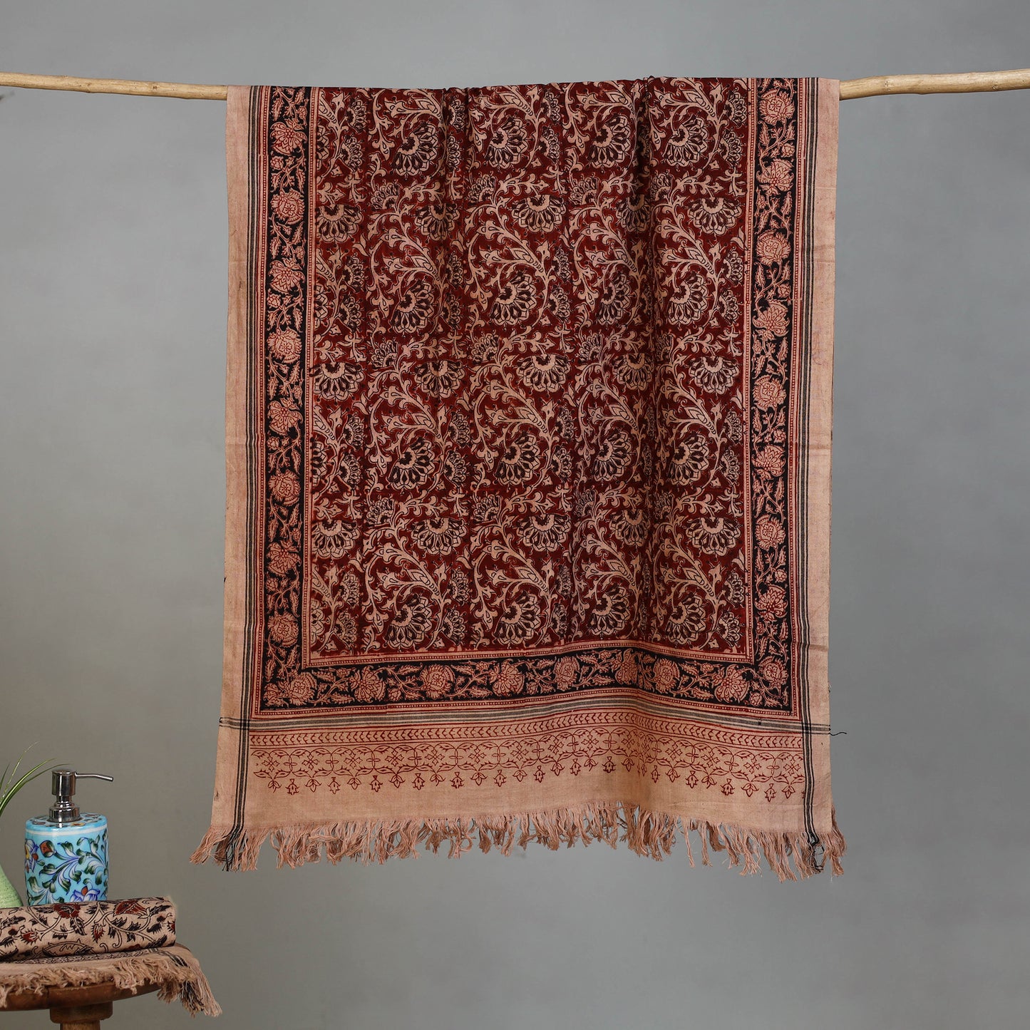Maroon - Handloom Cotton Natural Dyed Block Print Pedana Kalamkari Towel 10