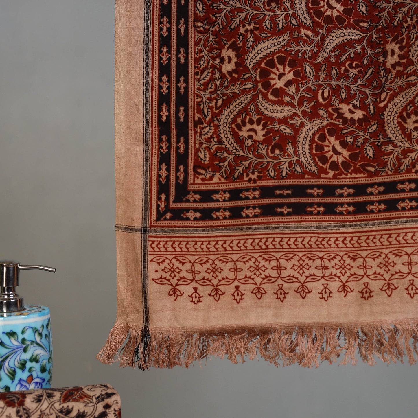 Maroon - Handloom Cotton Natural Dyed Block Print Pedana Kalamkari Towel 11