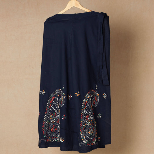 Blue - Bengal Kantha Embroidery Cotton Wrap Around Skirt