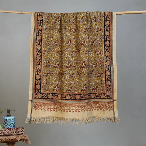 Yellow - Handloom Cotton Natural Dyed Block Print Pedana Kalamkari Towel 14