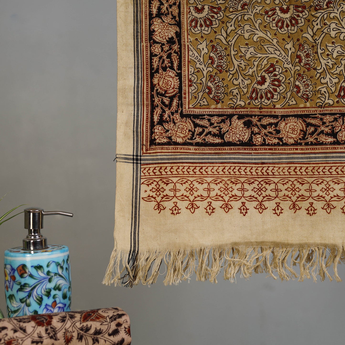 Yellow - Handloom Cotton Natural Dyed Block Print Pedana Kalamkari Towel 14