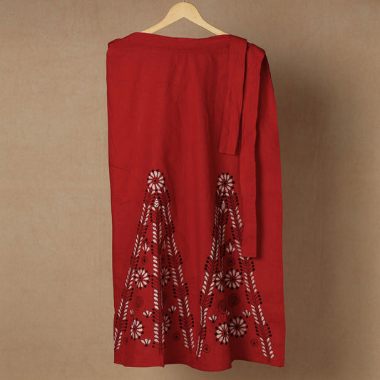 Red - Bengal Kantha Embroidery Cotton Wrap Around Skirt