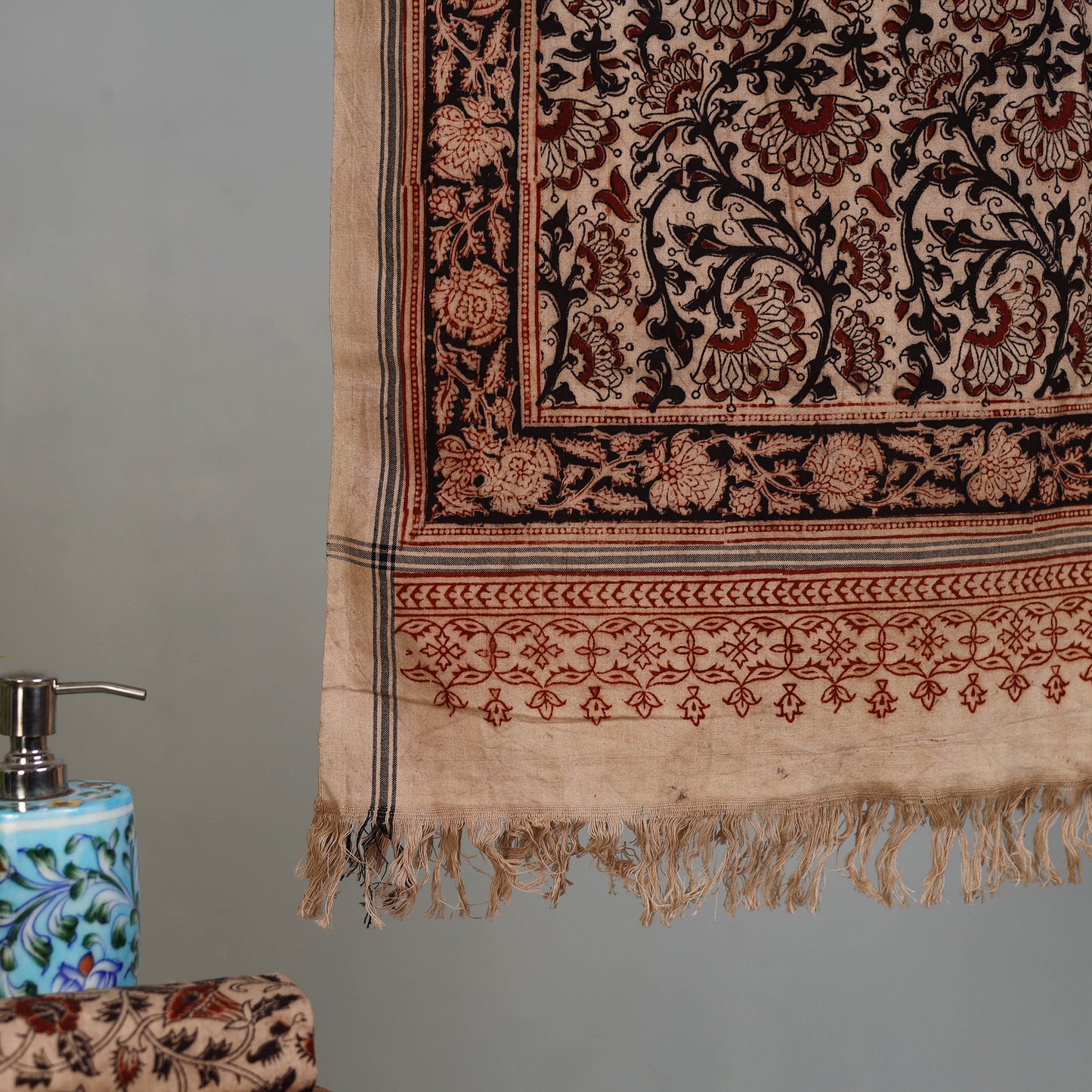 Beige - Handloom Cotton Natural Dyed Block Print Pedana Kalamkari Towel 15