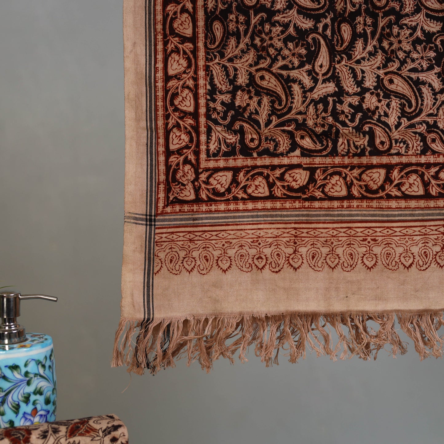 Beige - Handloom Cotton Natural Dyed Block Print Pedana Kalamkari Towel 16