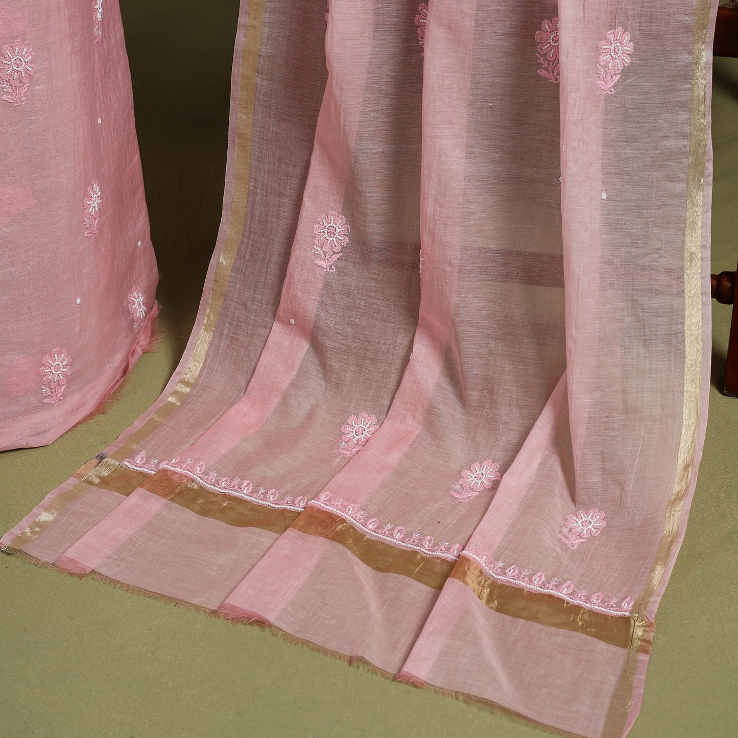 Pink Hand Embroidery 2pc Mul Chanderi Chikankari Dress Material